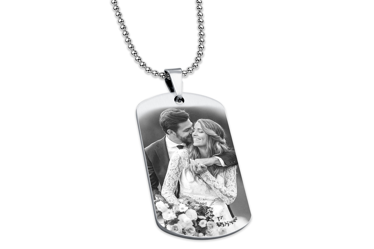 Nieśmiertelnik z GRAWEREM Zdjęcia Męski Stalowy Srebrny Pudełko Premium