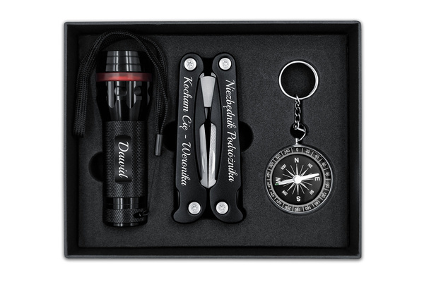 Zestaw Prezentowy Multitool Latarka LED Kompas GRAWER dla Mężczyzny Czarny