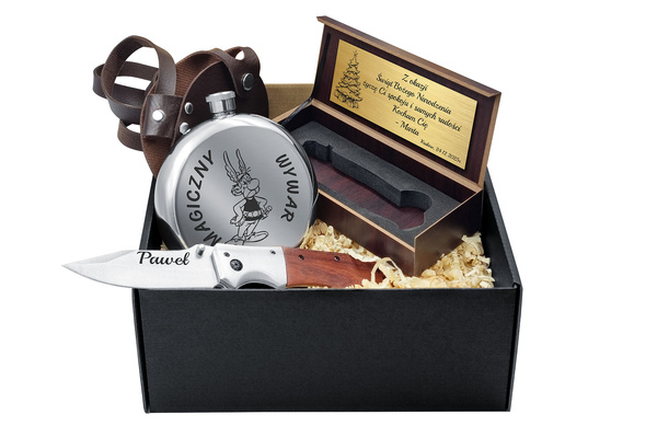 Prezent na Święta Zestaw Nóż Myśliwski + Piersiówka Okrągła z Grawerem