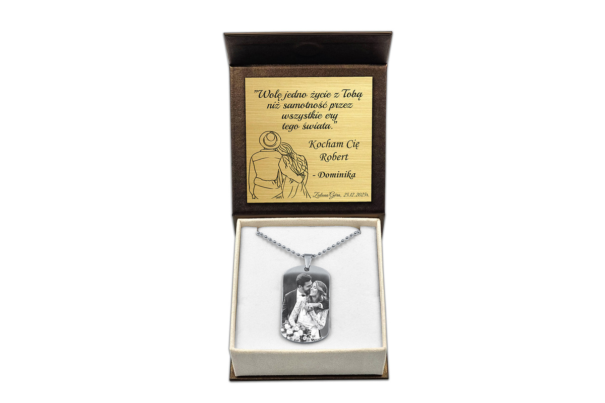 Nieśmiertelnik z GRAWEREM Zdjęcia Męski Stalowy Srebrny Pudełko Premium