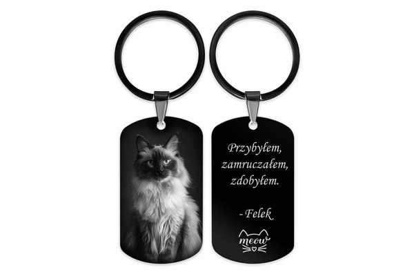 Brelok do Kluczy Stalowy z GRAWEREM Zdjęcia Kota PUPILA na Prezent Czarny
