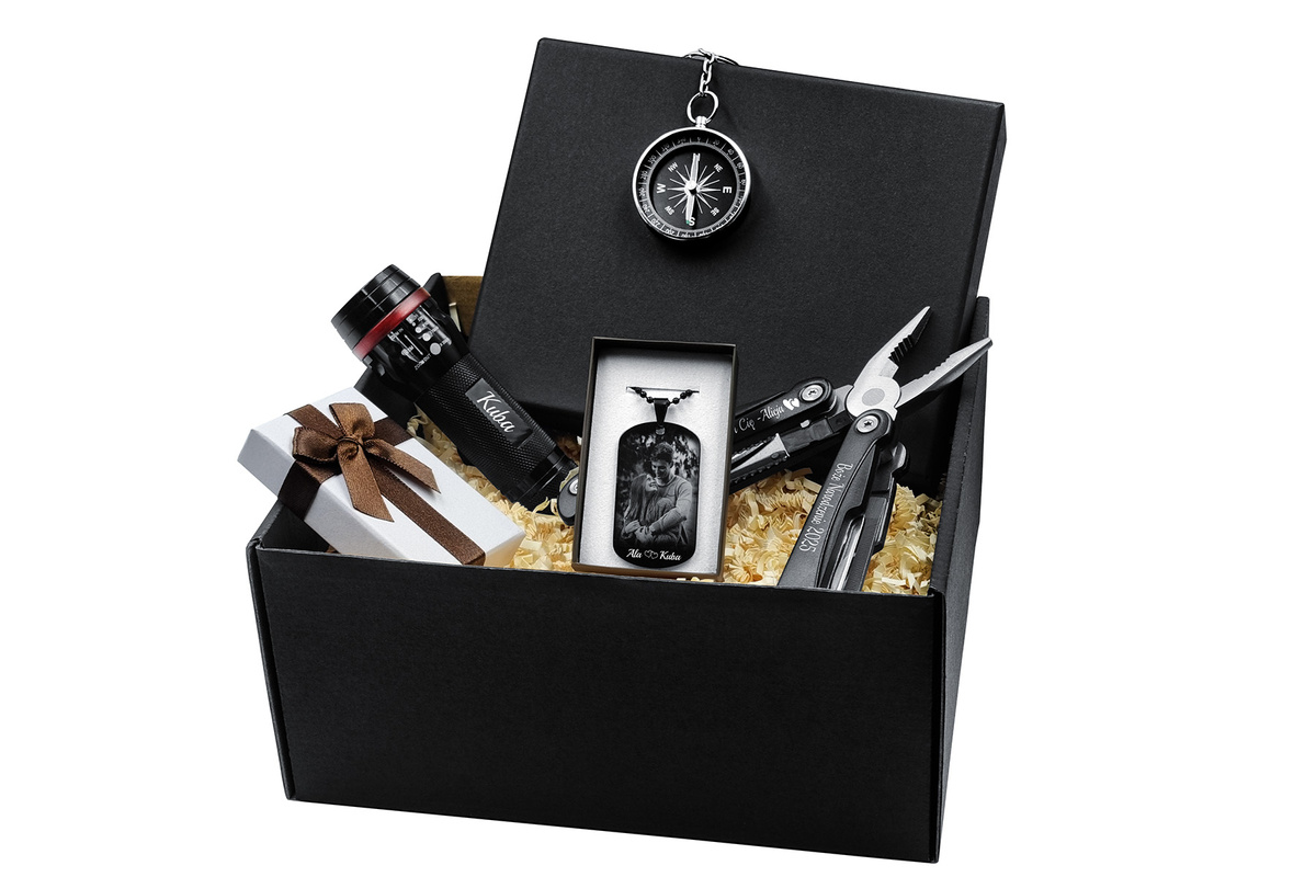 Prezent na Święta Multitool Latarka Kompas + Nieśmiertelnik Stalowy GRAWER