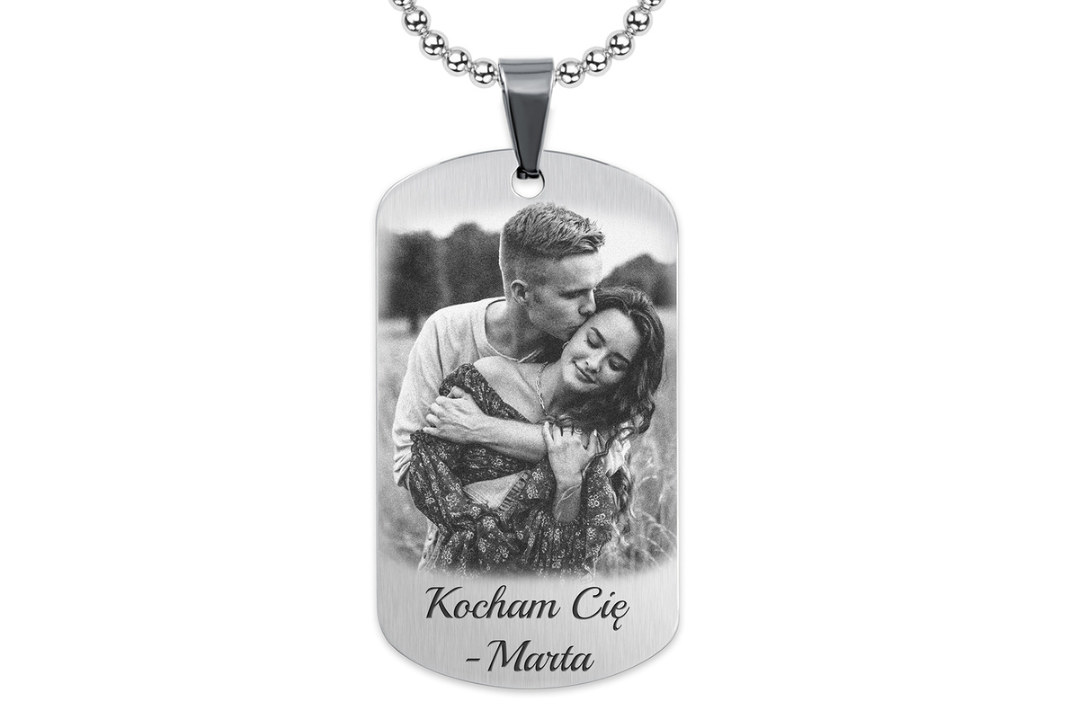 Nieśmiertelnik z GRAWEREM Zdjęcia Męski Stalowy Srebrny Pudełko Premium