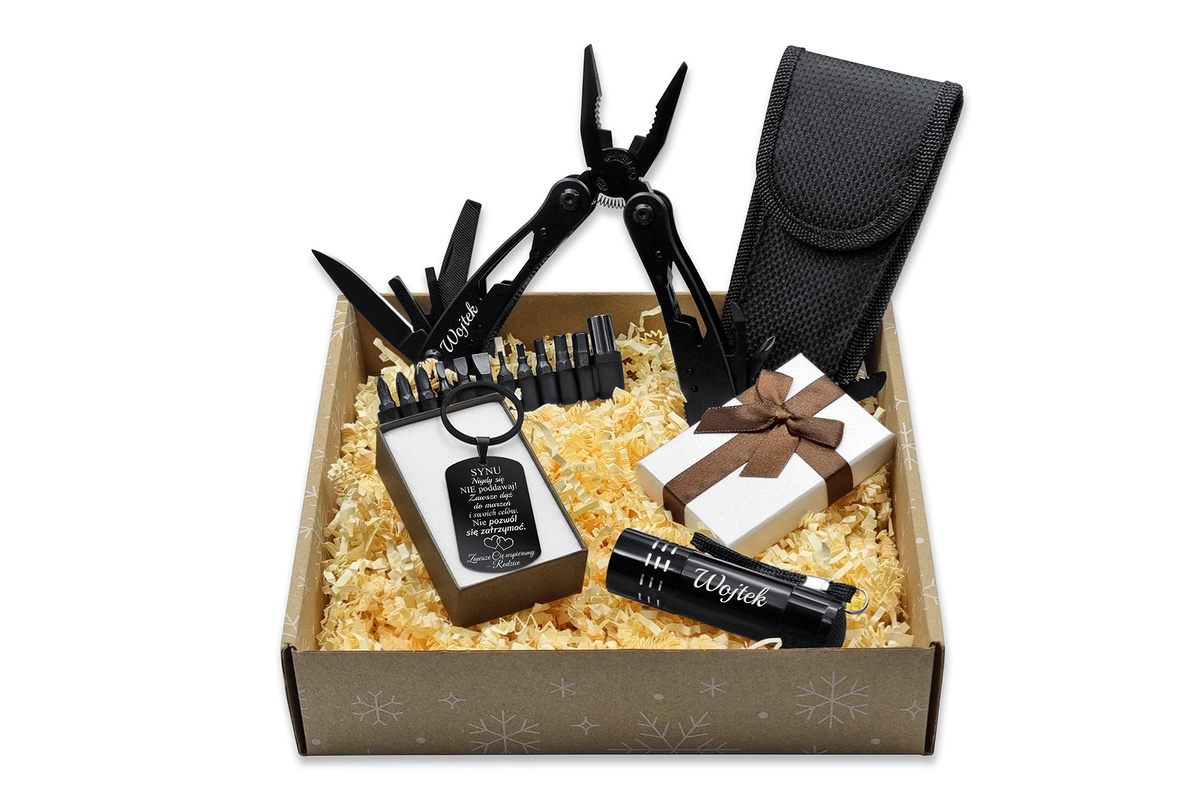 Prezent na Święta Brelok do Kluczy Czarny Scyzoryk Latarka z Grawerem BOX