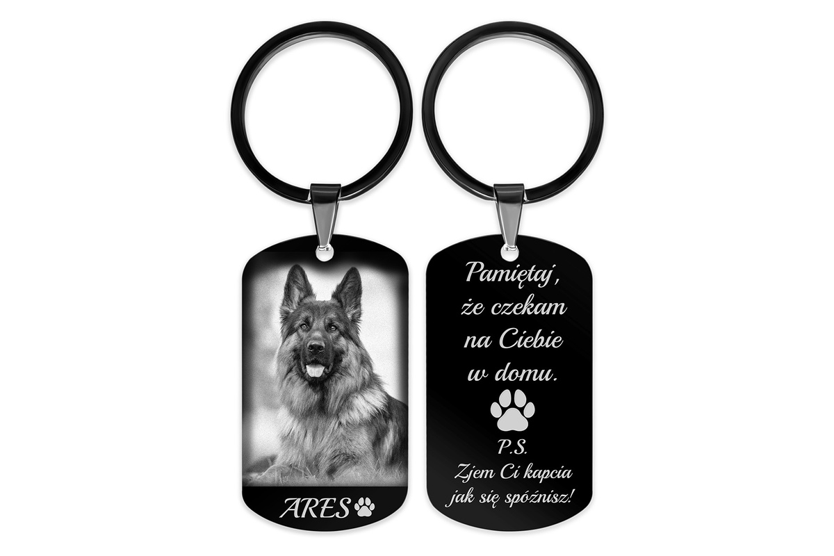 Brelok do Kluczy Stalowy z GRAWEREM Zdjęcia Psa PUPILA na Prezent Czarny