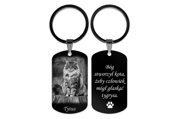 Brelok do Kluczy Stalowy z GRAWEREM Zdjęcia Kota PUPILA na Prezent Czarny