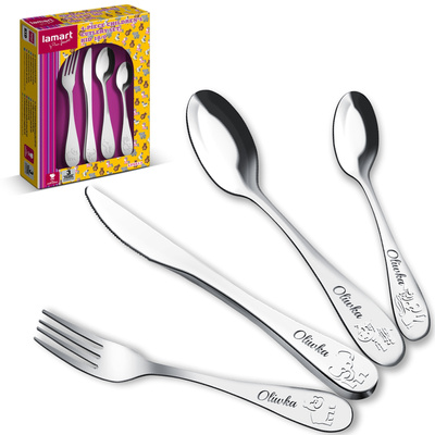 Sztućce dla Dzieci z GRAWEREM Lamart Zwierzątka na Chrzest Roczek Urodzinki