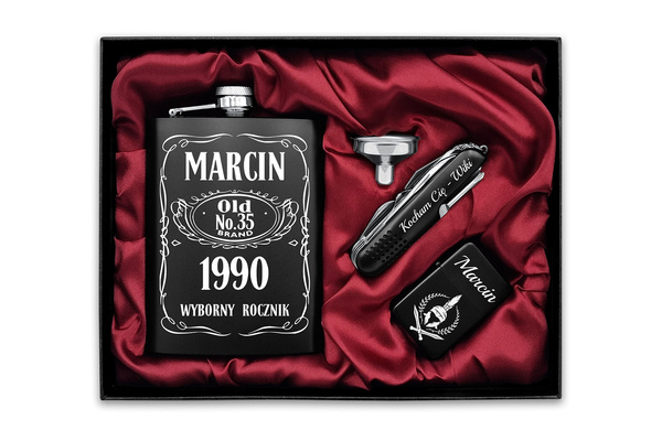 Zestaw Premium Piersiówka Scyzoryk Zapalniczka z GRAWEREM Black 240ml