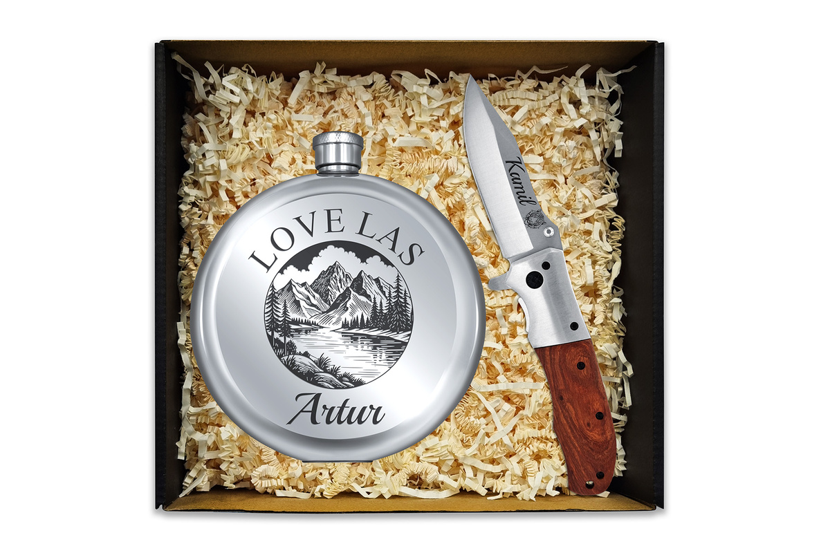 Prezent na Święta Zestaw Nóż Myśliwski + Piersiówka Okrągła z Grawerem