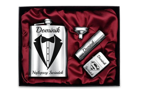 Zestaw Premium Piersiówka Latarka Zapalniczka z GRAWEREM Silver 240ml