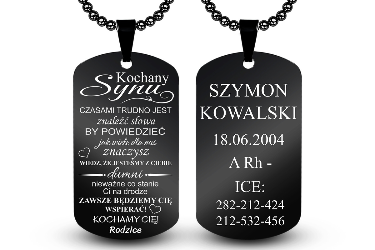 Nieśmiertelnik dla Syna z własnym GRAWEREM Prezent od Mamy Taty Rodziców B