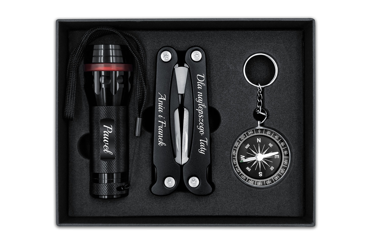  Zestaw Prezentowy Multitool Latarka LED Kompas GRAWER dla Mężczyzny Czarny