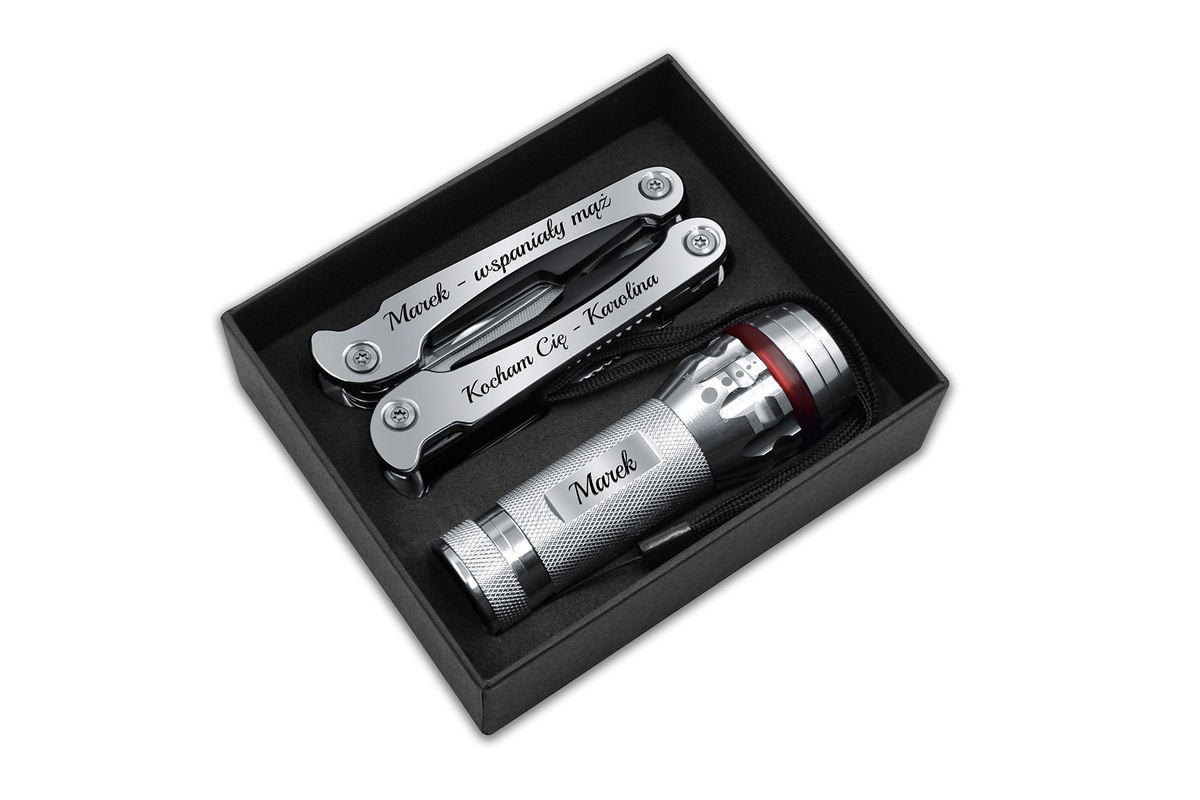 Zestaw Prezentowy Multitool Latarka LED GRAWER dla Mężczyzny Srebrny