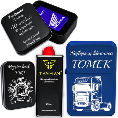 Zapalniczka Benzynowa z GRAWEREM + Pudełko Prezent na Święta BLUE