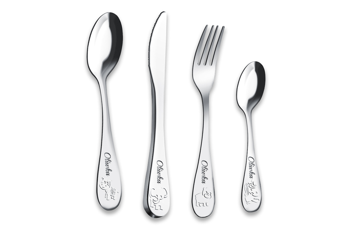 Sztućce dla Dzieci z GRAWEREM Lamart Zwierzątka na Chrzest Roczek Urodzinki