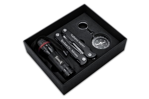  Zestaw Prezentowy Multitool Latarka LED Kompas GRAWER dla Mężczyzny Czarny
