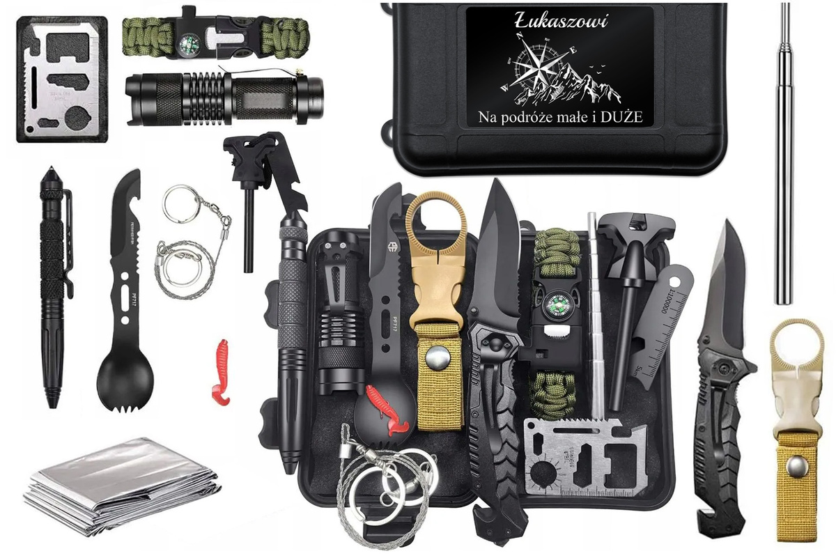 ZESTAW SURVIVALOWY 14w1 + Nieśmiertelnik Stalowy Prezent na Święta GRAWER