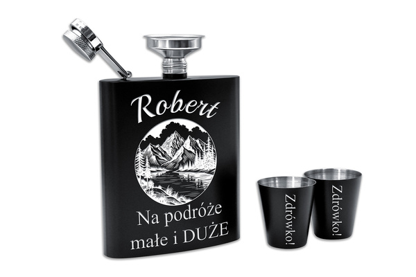 Piersiówka z Kieliszkami i GRAWEREM Czarna ZESTAW Prezent dla Taty Męża