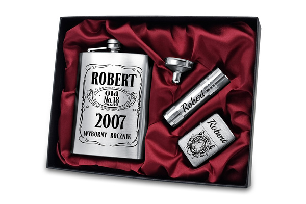 Zestaw Premium Piersiówka Latarka Zapalniczka z GRAWEREM Silver 240ml