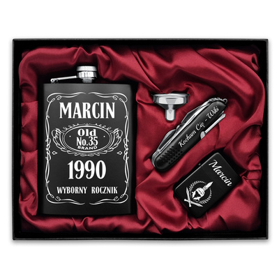 Zestaw Premium Piersiówka Scyzoryk Zapalniczka z GRAWEREM Black 240ml