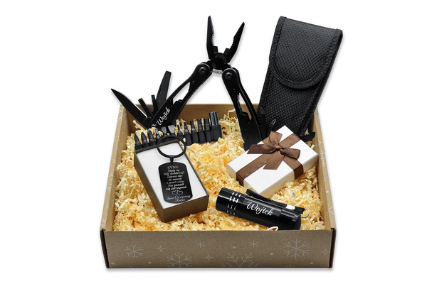 Prezent na Święta Brelok do Kluczy Czarny Scyzoryk Latarka z Grawerem BOX