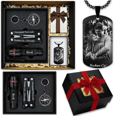 Prezent na Święta Multitool Latarka Kompas + Nieśmiertelnik Stalowy GRAWER