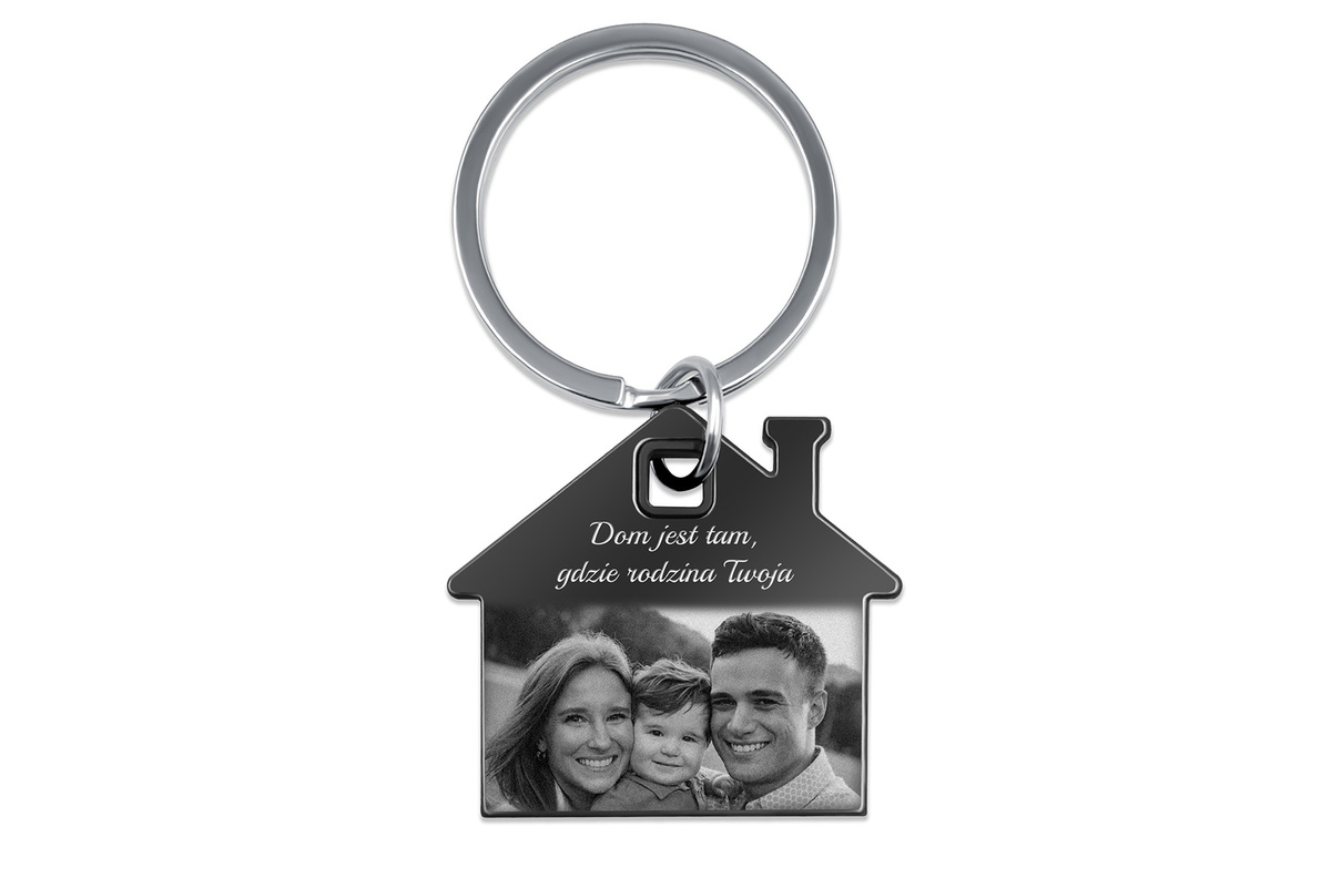 Brelok do Kluczy Domek z GRAWEREM Zdjęcia Stalowy na Prezent Czarny