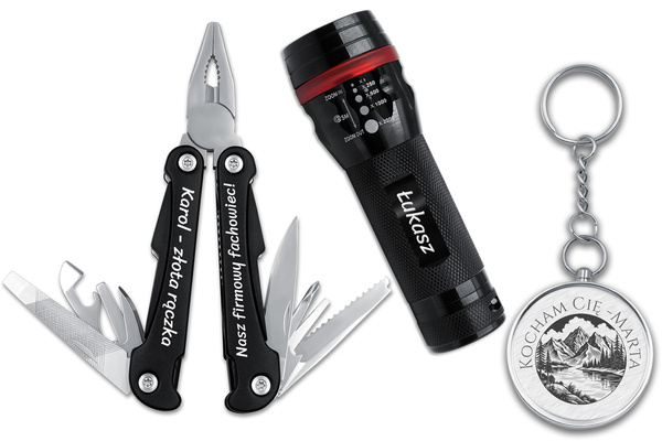 Prezent na Święta Multitool Latarka Kompas + Nieśmiertelnik Stalowy GRAWER