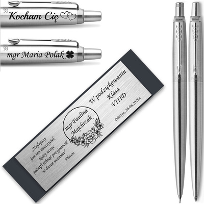 Ołówek i Długopis Parker Jotter Stalowy CT z GRAWEREM Prezent Tabliczka