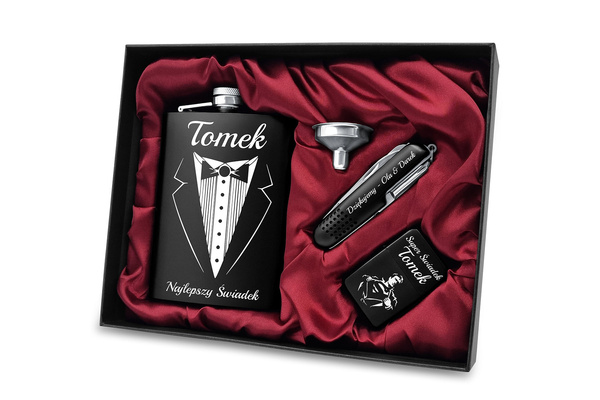 Zestaw Premium Piersiówka Scyzoryk Zapalniczka z GRAWEREM Black 240ml