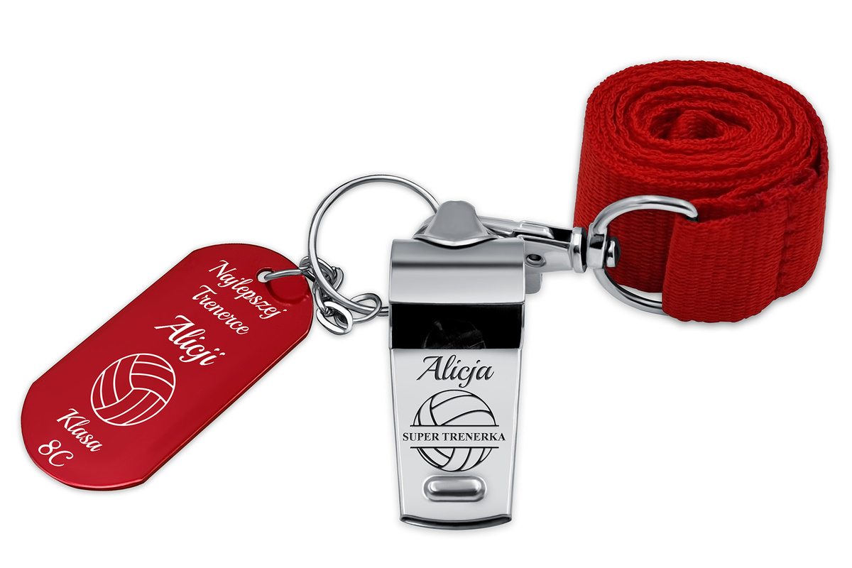 Gwizdek Metalowy Prezent dla Trenera Nauczyciela WF GRAWER + Brelok RED