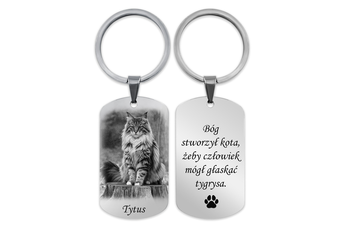 Brelok do Kluczy Stalowy z GRAWEREM Zdjęcia Kota PUPILA na Prezent Srebrny