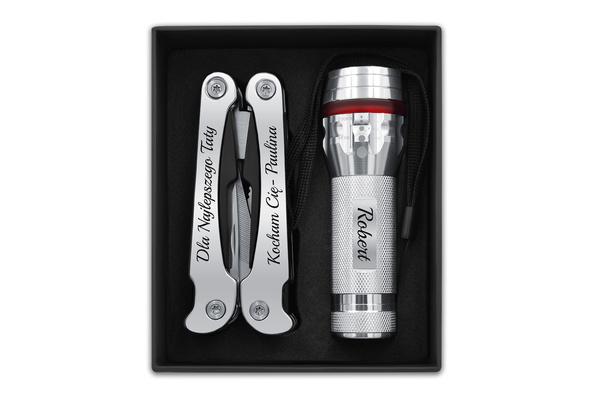 Zestaw Prezentowy Multitool Latarka LED GRAWER dla Mężczyzny Srebrny