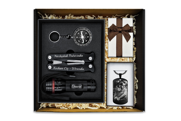 Prezent na Święta Multitool Latarka Kompas + Nieśmiertelnik Stalowy GRAWER