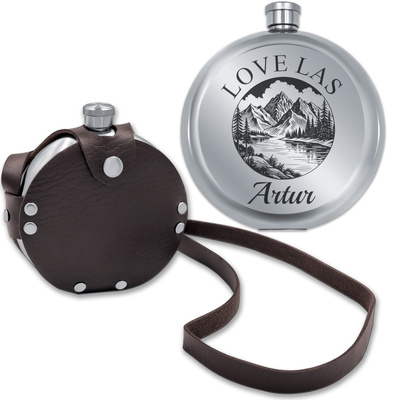 Piersiówka z GRAWEREM Okrągła 240ml GRAWER + Skórzane ETUI - Prezent