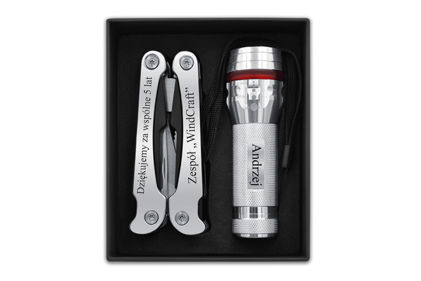 Zestaw Prezentowy Multitool Latarka LED GRAWER dla Mężczyzny Srebrny