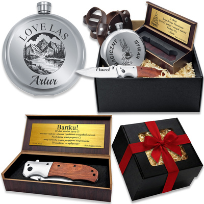 Prezent na Święta Zestaw Nóż Myśliwski + Piersiówka Okrągła z Grawerem