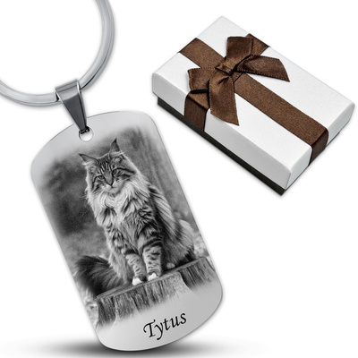 Brelok do Kluczy Stalowy z GRAWEREM Zdjęcia Kota PUPILA na Prezent Srebrny