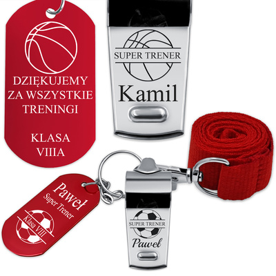 Gwizdek Metalowy Prezent dla Trenera Nauczyciela WF GRAWER + Brelok RED