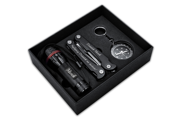 Prezent na Święta Multitool Latarka Kompas + Nieśmiertelnik Stalowy GRAWER