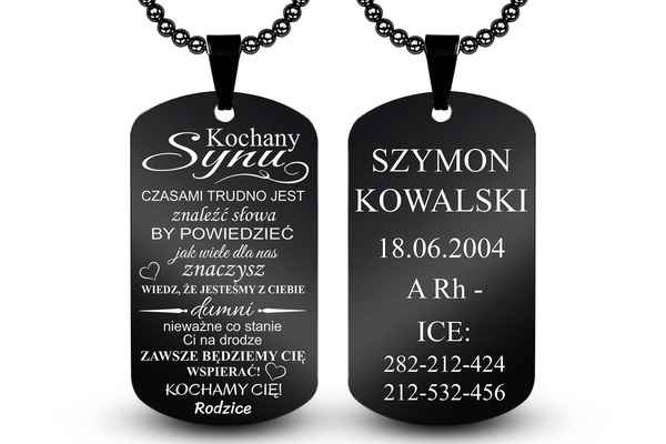 Nieśmiertelnik dla Syna z własnym GRAWEREM Prezent od Mamy Taty Rodziców B