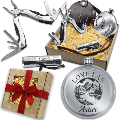 Zestaw Prezentowy Piersiówka Okrągła + Mulitool Srebrny + Latarka GRAWER