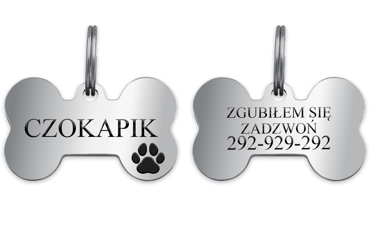 Adresówka Identyfikator dla Psa Kość Srebrna MOCNA Stal Nierdzewna GRAWER