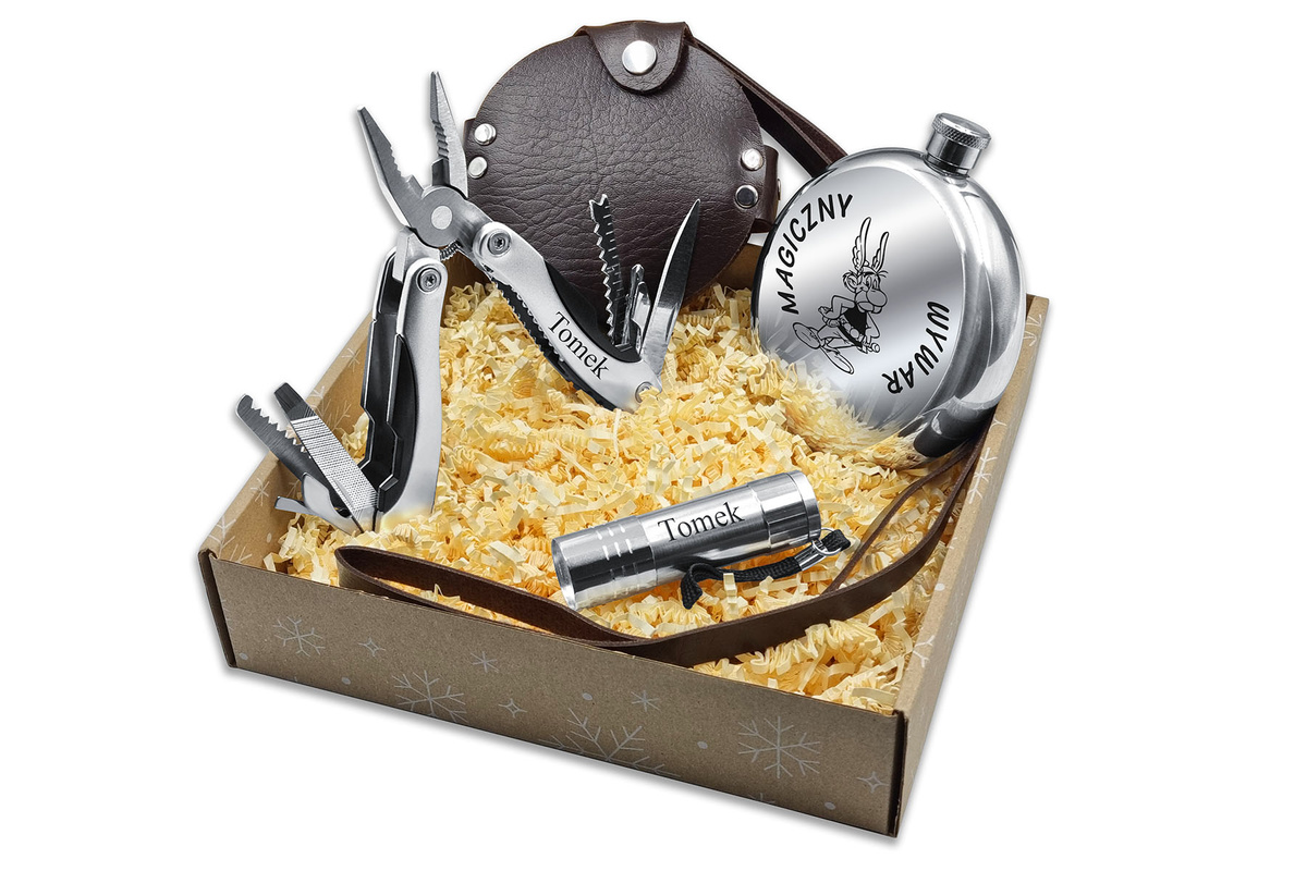 Zestaw Prezentowy Piersiówka Okrągła + Mulitool Srebrny + Latarka GRAWER