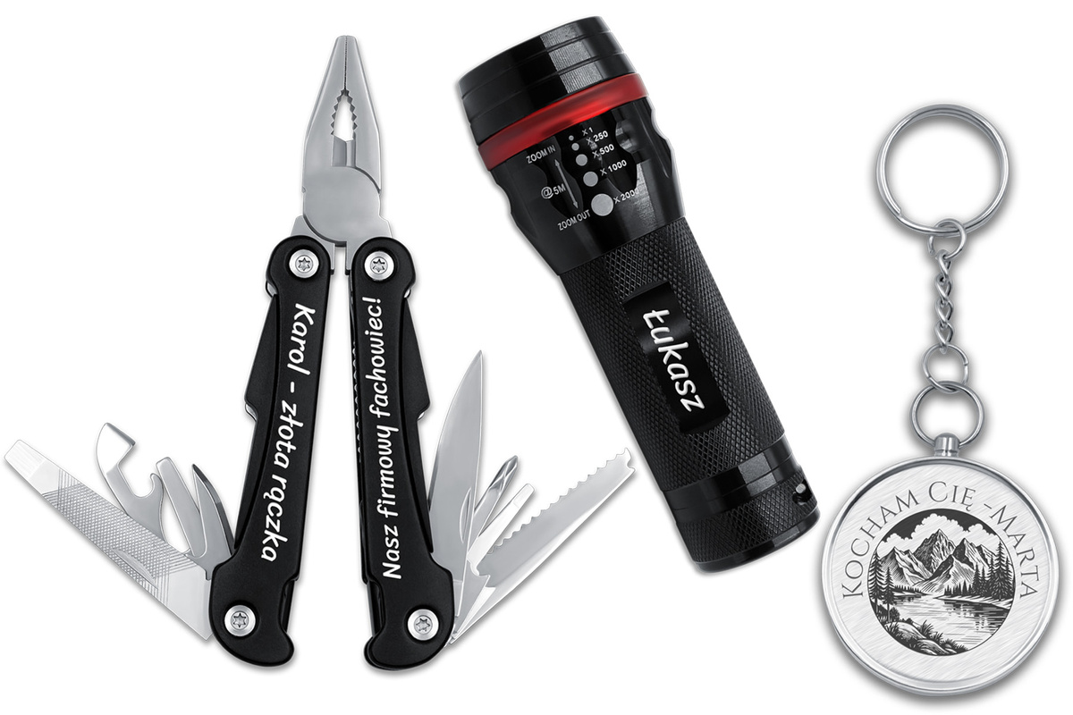  Zestaw Prezentowy Multitool Latarka LED Kompas GRAWER dla Mężczyzny Czarny