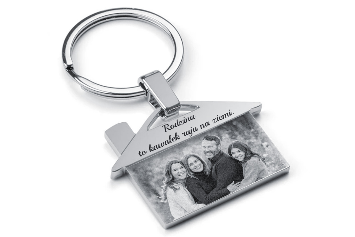 Brelok do Kluczy Domek z GRAWEREM Zdjęcia Stalowy na Prezent Srebrny