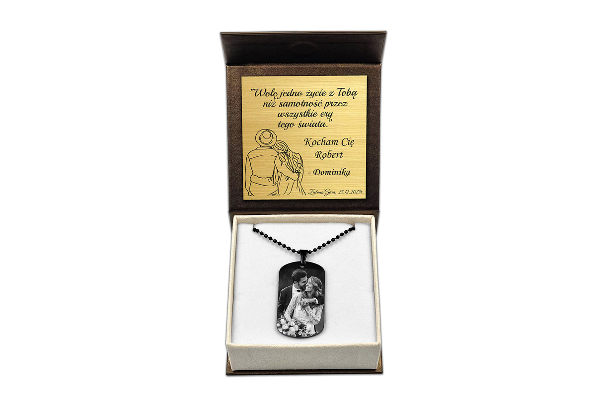 Nieśmiertelnik z GRAWEREM Zdjęcia Męski Stalowy Czarny Pudełko Premium