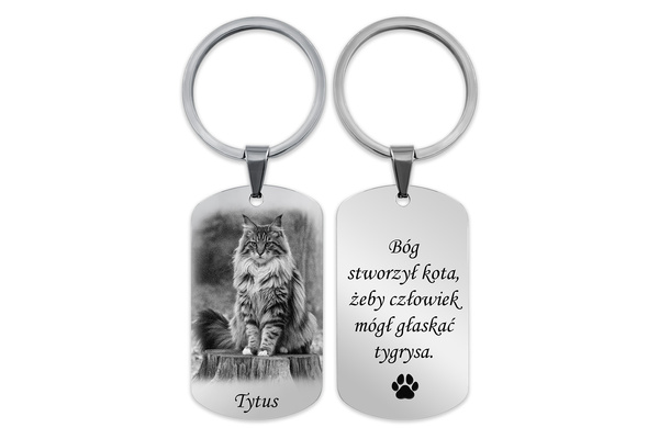 Brelok do Kluczy Stalowy z GRAWEREM Zdjęcia Kota PUPILA na Prezent Srebrny