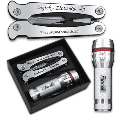 Zestaw Prezentowy Multitool Latarka LED GRAWER dla Mężczyzny Srebrny