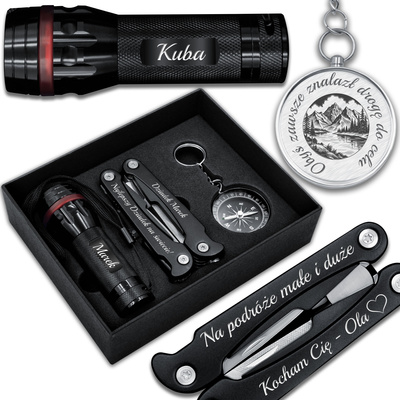  Zestaw Prezentowy Multitool Latarka LED Kompas GRAWER dla Mężczyzny Czarny